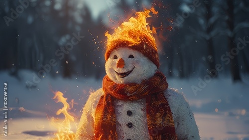 Winter holiday banner - Close-up of a laughing snowman in a wool hat and scarf, on a snowy landscape with bokeh lights and sunlight