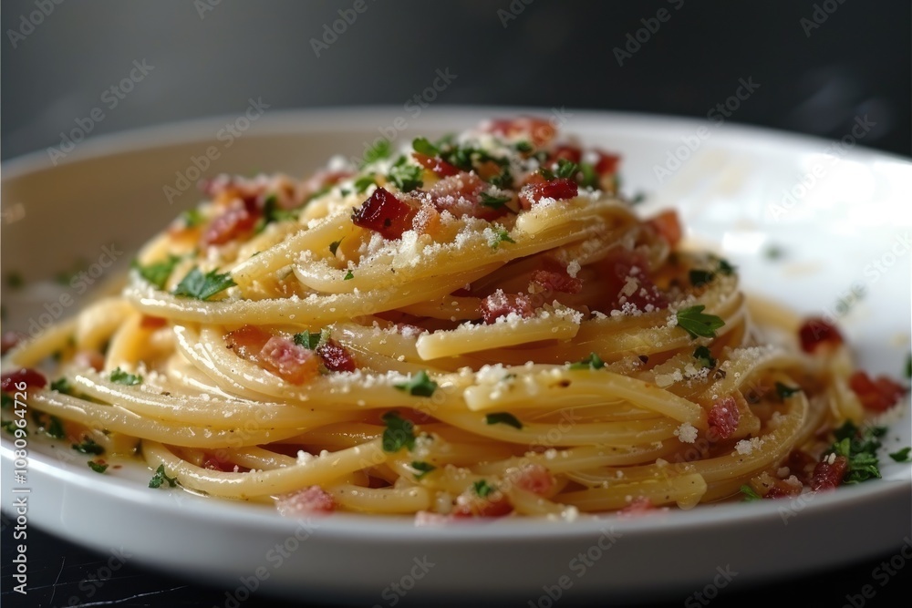 Close-up of Spaghetti Carbonara with Parmesan Cheese and Parsley Close-up of Spaghetti Carbonara with Parmesan Cheese and Parsley