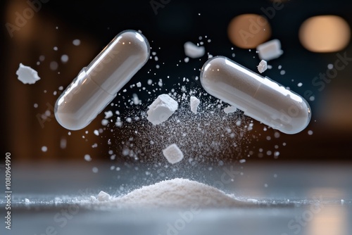 Two capsules unleash a cloud of white powder, floating in suspended animation against a dark background, highlighting the scientific and experimental theme.