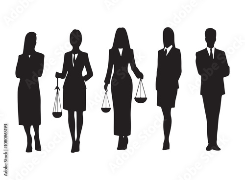 Silhouettes of diverse casual business people standing, walking, men, women full length. Business concept. Black monochrome Vector illustrations isolated on white background.