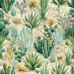 Papier peint photo Jungle Intricate Desert Plants Seamless Pattern. Perfect for: Botanical shows, desert landscape events  © TingYi