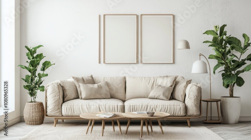 Picture frame with line art displayed on a coffee table in a stylish living room.