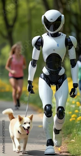 Robot AI Tech, Walking a Dog on a Leash Outdoors