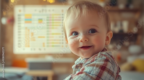 A baby boy smiles cheerfully while looking at the camera in a cozy home setting.