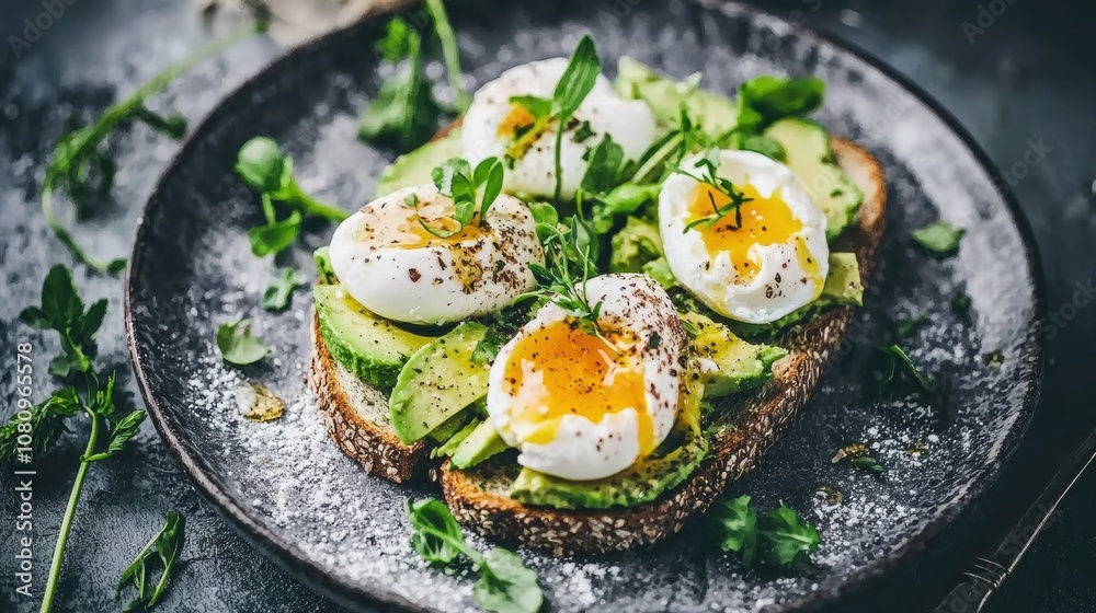 A plate of food with eggs and avocado on top