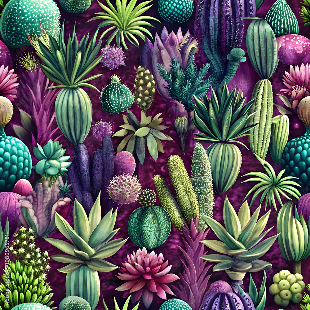 Obraz premium Modern Cacti and Succulents Seamless Pattern. Perfect for: Modern interior design, botanical events