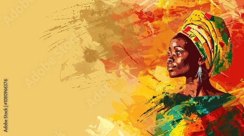 watercolor illustration, vintage postcard, Independence Day in Cameroon, portrait of an adult African woman in national costume, yellow background, paint, copy space, free space for text