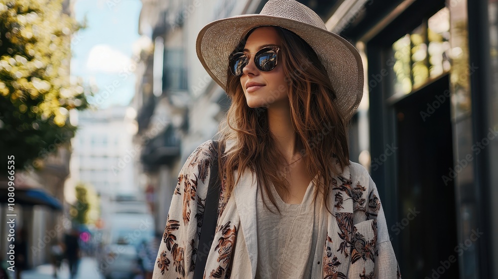 Boho girl walking on the city street, embodying a free-spirited and stylish lifestyle. Boho girl walking on the city street, embodying a free-spirited and stylish lifestyle.