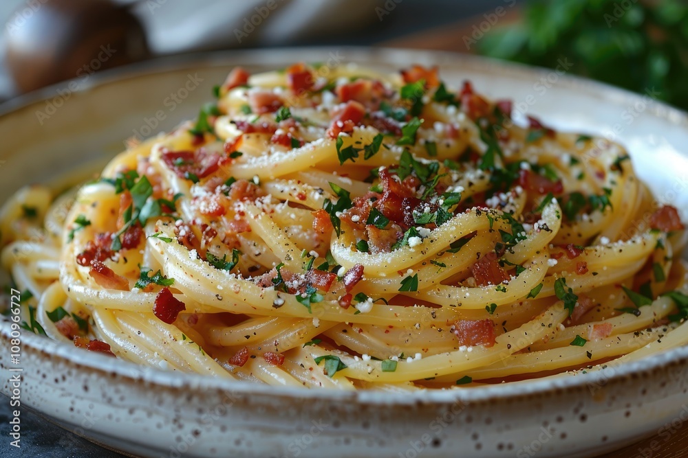 Fototapeta premium Close-up of Spaghetti Carbonara with Bacon and Parsley