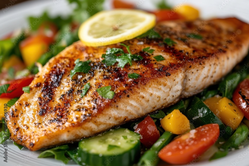 A perfectly cooked salmon steak, featuring crispy skin, topped with lemon and herbs, on a colorful salad with cucumbers, tomatoes, and bell peppers, looks enticing. A perfectly cooked salmon steak, featuring crispy skin, topped with lemon and herbs, on a colorful salad with cucumbers, tomatoes, and bell peppers, looks enticing.
