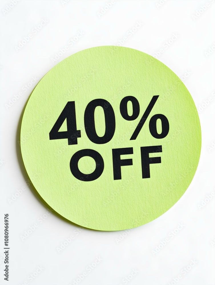 Black '40% OFF' Text on a Green Round Paper Note. White Background Black '40% OFF' Text on a Green Round Paper Note. White Background
