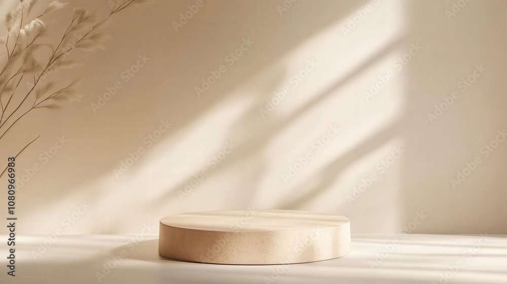 Minimalist Product Display with Wooden Platform and Sunlit Shadows Minimalist Product Display with Wooden Platform and Sunlit Shadows