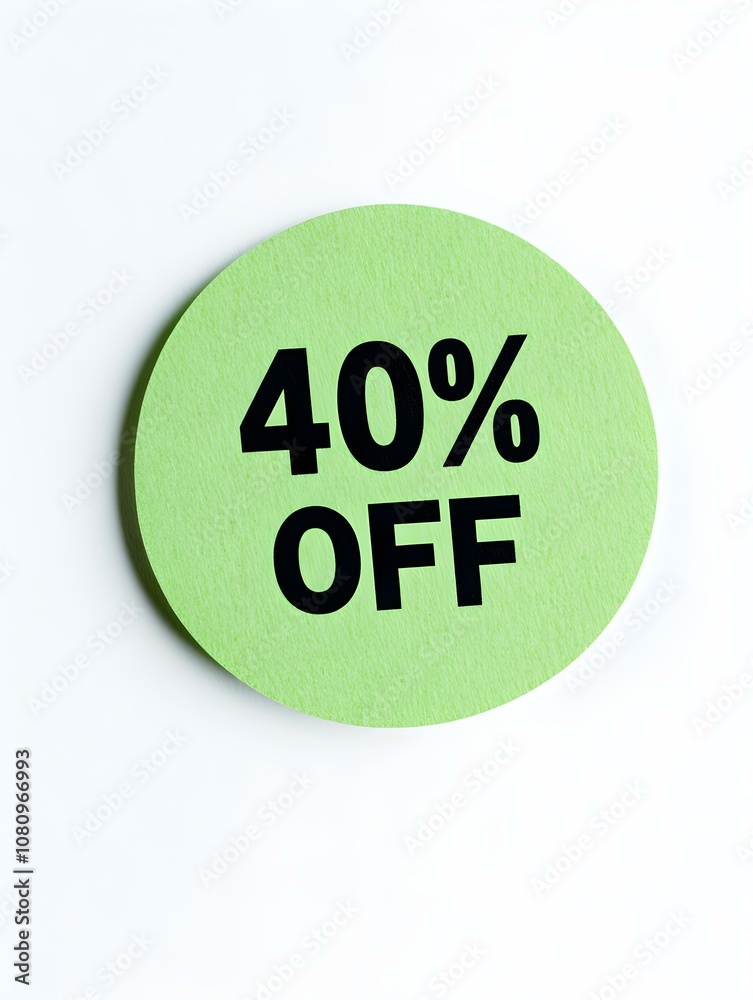 Black '40% OFF' Text on a Green Round Paper Note. White Background Black '40% OFF' Text on a Green Round Paper Note. White Background