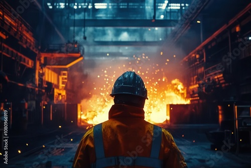 A worker in protective gear observes fiery operations in a steel mill, showcasing industrial power and safety measures.