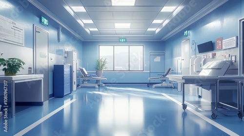 A spacious hospital emergency ward, clean and organized with medical tools placed neatly