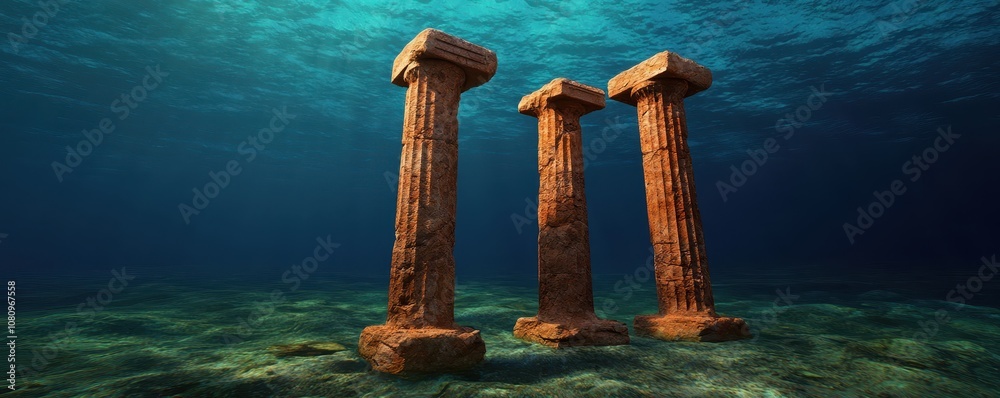Three ancient, submerged stone pillars rise from a serene underwater landscape, evoking mystery and the remnants of a lost civilization. Three ancient, submerged stone pillars rise from a serene underwater landscape, evoking mystery and the remnants of a lost civilization.