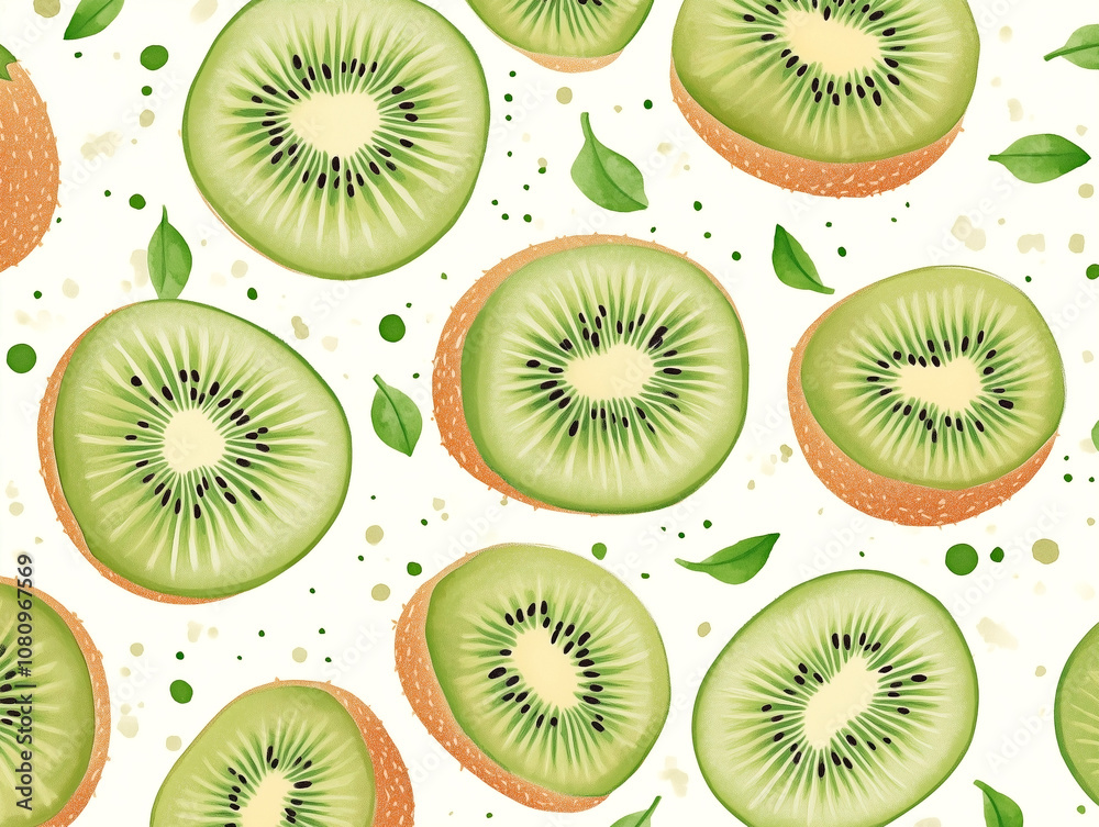 Fototapeta premium a collection of hand drawn kiwi fruit with green leaves and a white background