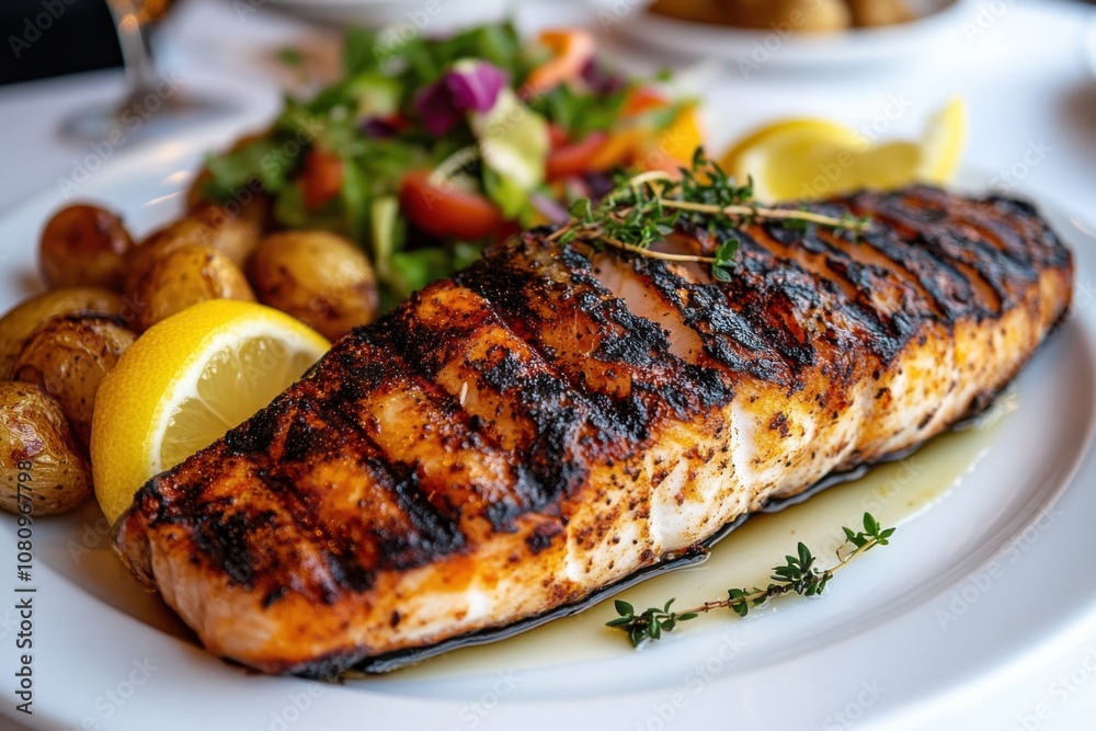 A delicious grilled salmon fillet paired with roasted potatoes and fresh salad, garnished with lemon slices and herbs on a white plate. Perfect gourmet meal shot. A delicious grilled salmon fillet paired with roasted potatoes and fresh salad, garnished with lemon slices and herbs on a white plate. Perfect gourmet meal shot.