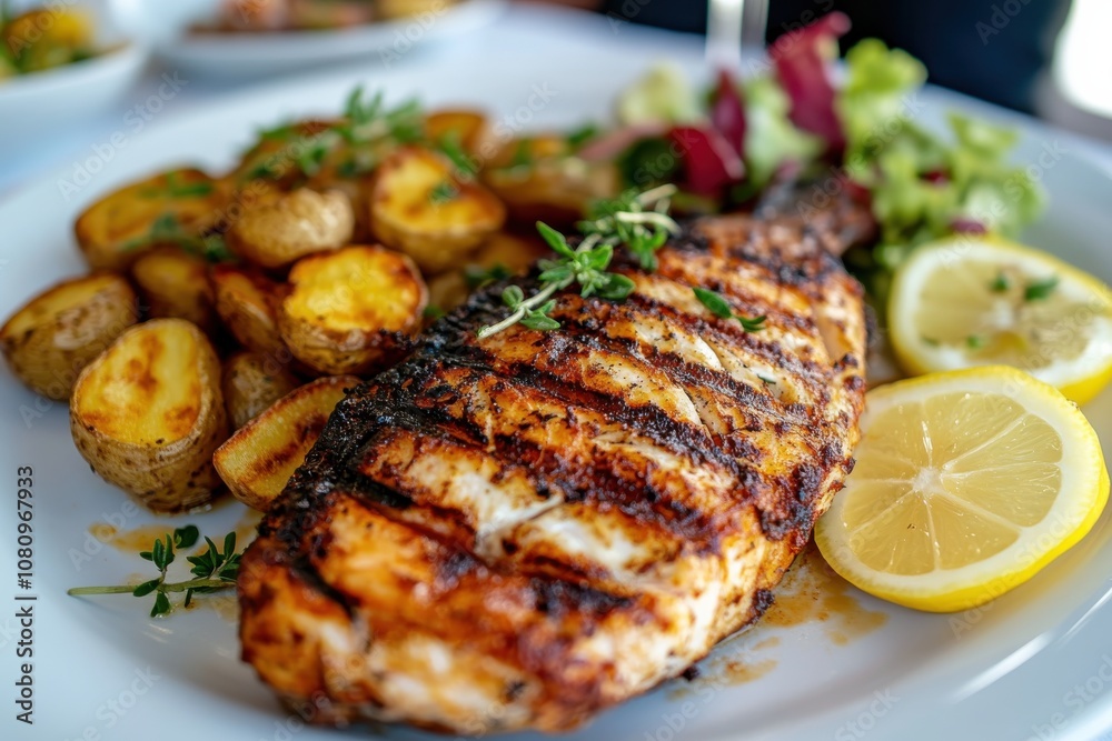 Flaky grilled salmon fillet on a white plate, accented by fresh thyme sprigs, served alongside roasted potatoes and colorful mixed greens for a wholesome meal. Flaky grilled salmon fillet on a white plate, accented by fresh thyme sprigs, served alongside roasted potatoes and colorful mixed greens for a wholesome meal.