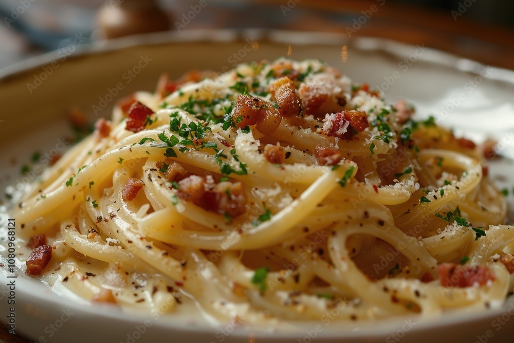 Close-up of Creamy Pasta with Bacon, Parsley, and Parmesan Cheese Close-up of Creamy Pasta with Bacon, Parsley, and Parmesan Cheese