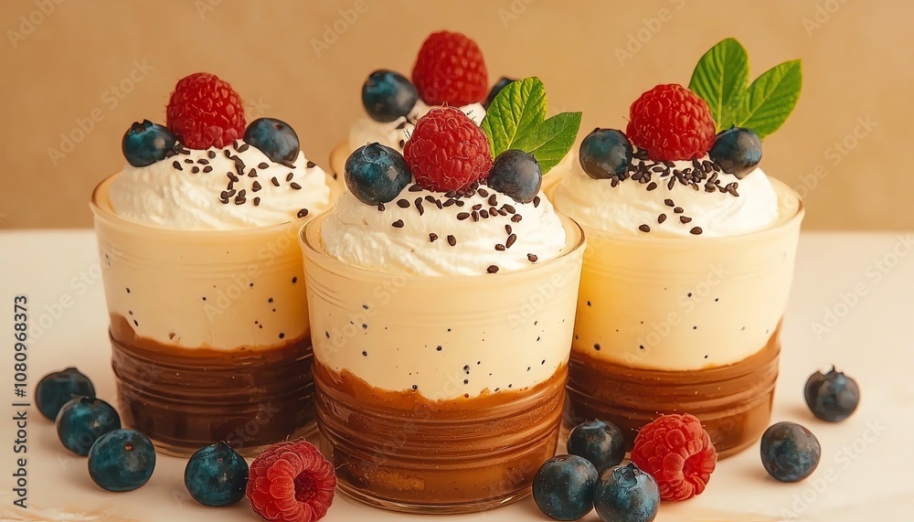 Delicious dessert cups with chocolate, cream, berries, and mint leaves. Delicious dessert cups with chocolate, cream, berries, and mint leaves.
