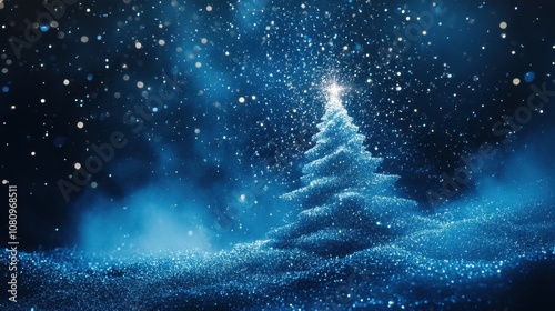 Glowing blue Christmas tree made of sparkling lights and glitter stands in a serene, snow-covered landscape, dark blue background and falling snowflakes, festive atmosphere.  
