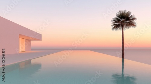 A white house with a pool and a palm tree in the background