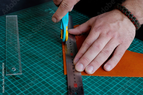 Skilled artisan cutting leather precisely on green cutting mat photo