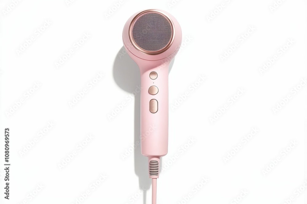 Fototapeta premium Pink hair dryer on white background.