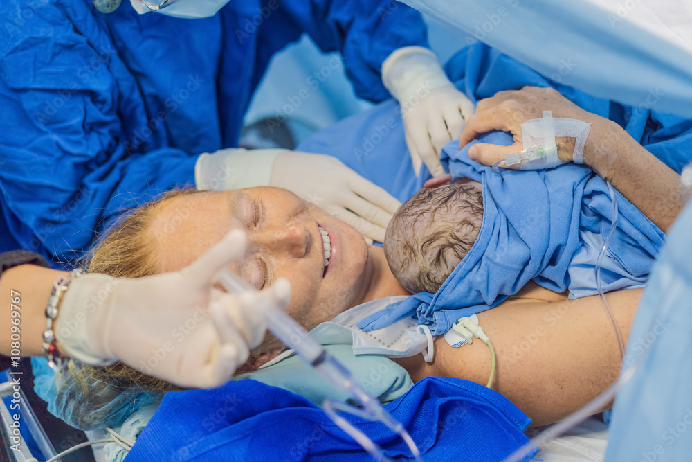 Baby on mother's chest immediately after birth in a hospital. The mother and newborn share a tender moment, emphasizing the bond and emotional connection. The medical staff ensures a safe and caring