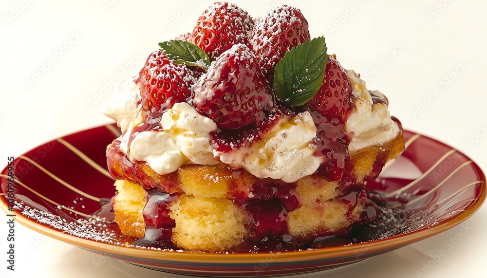 Delicious strawberry shortcake dessert on a decorative plate. Delicious strawberry shortcake dessert on a decorative plate.