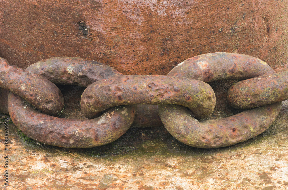 Close-up of Rusty Chain Links in a Junkyard Setting Close-up of Rusty Chain Links in a Junkyard Setting