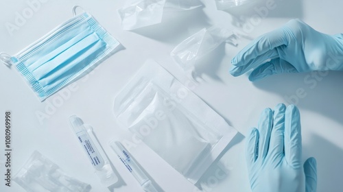 A sterile medical product packaging on a white background, with gloves and masks nearby.