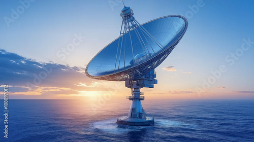 Satellite Dish at Sunset: A giant satellite dish stands tall against a breathtaking sunset over the ocean, symbolizing the vastness of our universe and the power of communication. photo