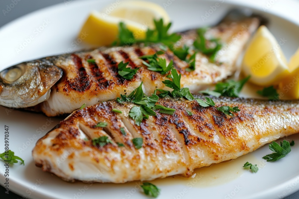 Two perfectly grilled fish fillets lie on a plate with a garnish of herbs and lemon wedges, offering a stunning representation of simple, delicious seafood cuisine. Two perfectly grilled fish fillets lie on a plate with a garnish of herbs and lemon wedges, offering a stunning representation of simple, delicious seafood cuisine.