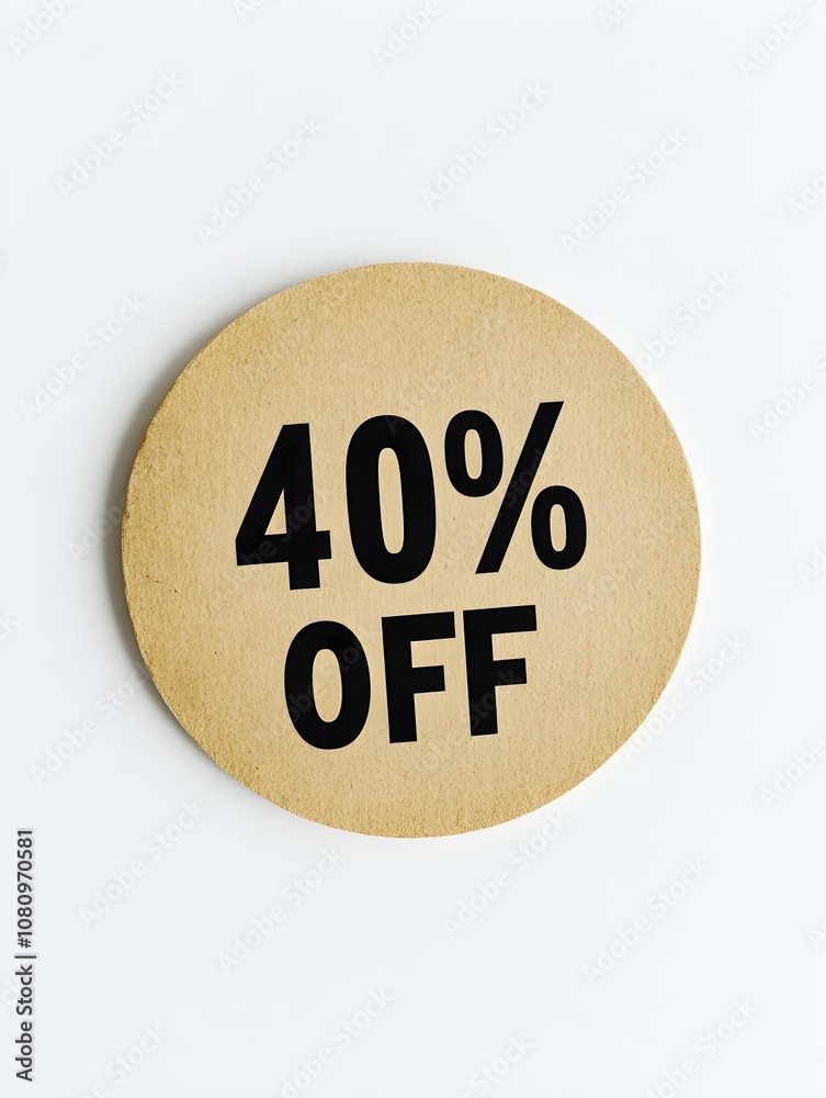 Black '40% OFF' Text on a Khaki Round Paper Note. White Background Black '40% OFF' Text on a Khaki Round Paper Note. White Background