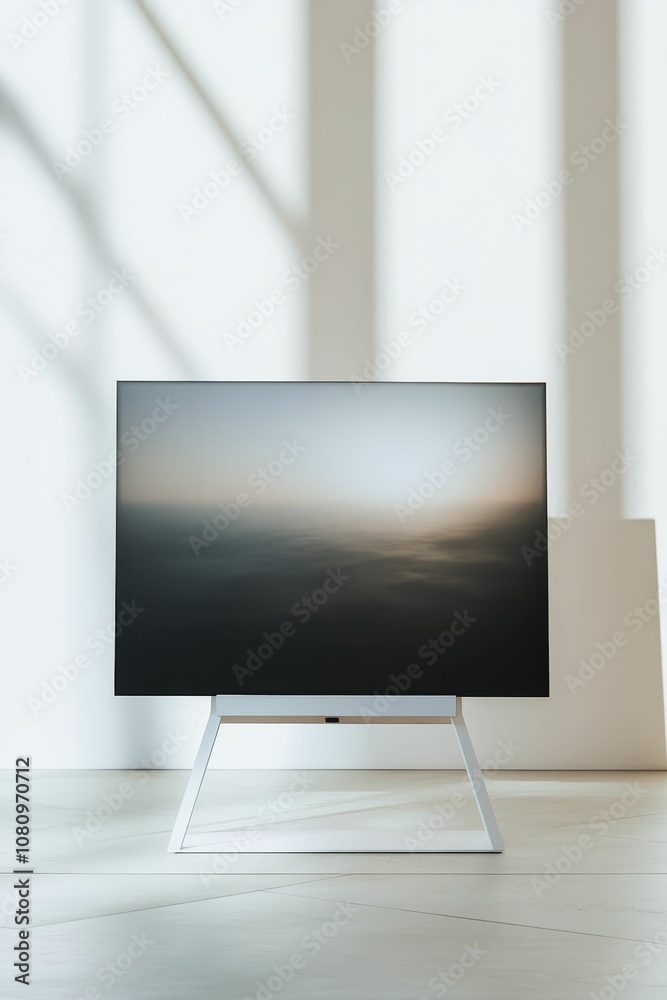Fototapeta premium Modern TV with white stand, cloudy sky.