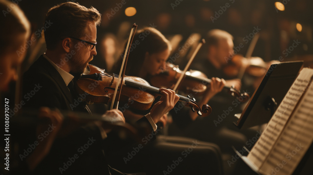 Fototapeta premium Live Symphony Performance, Musicians on Dimly Lit Stage 