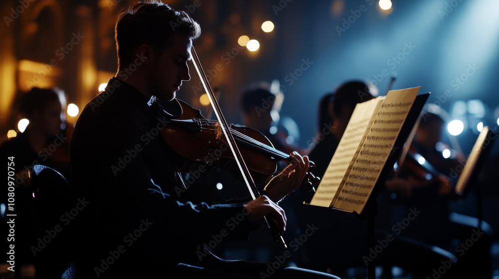 Fototapeta premium Live Symphony Performance, Musicians on Dimly Lit Stage