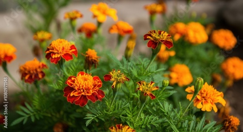 Vibrant marigold flowers blooming in lush garden