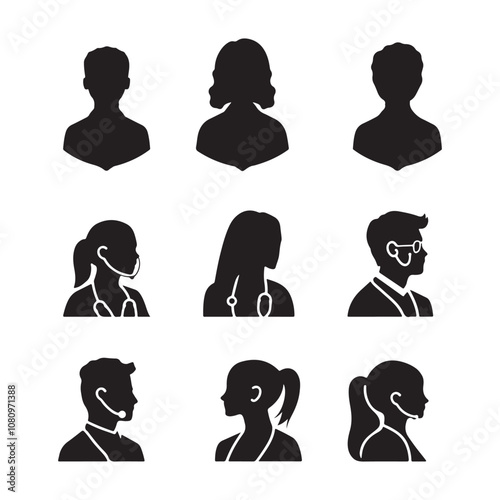 Silhouettes of diverse casual business people standing, walking, men, women full length. Business concept. Black monochrome Vector illustrations isolated on white background.