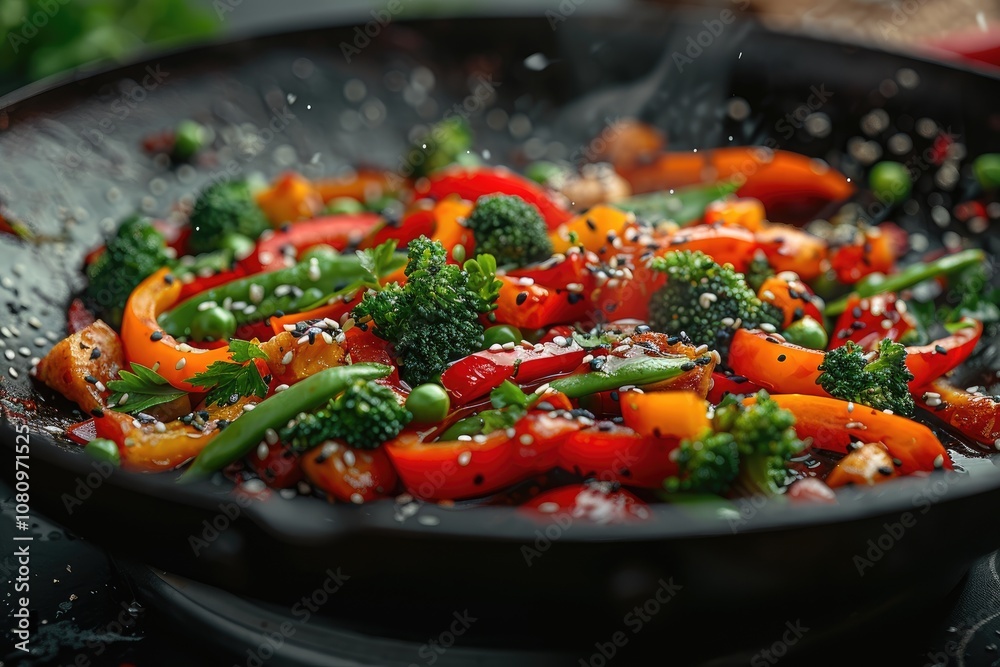 Close-up of Stir-fried Vegetables with Sesame Seeds in a Black Pan Close-up of Stir-fried Vegetables with Sesame Seeds in a Black Pan