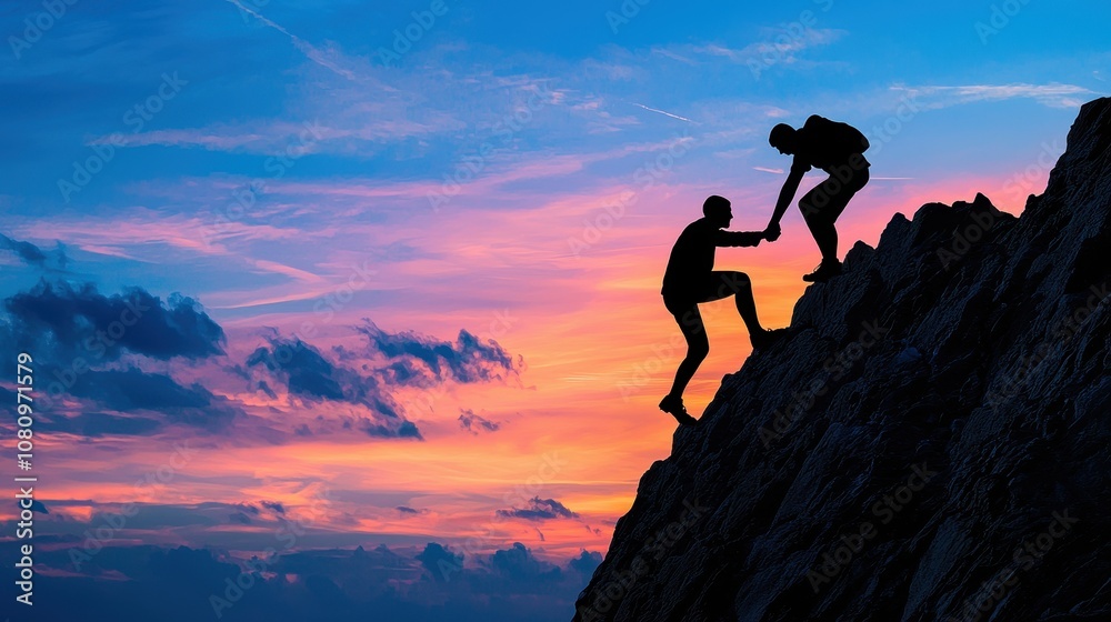 Silhouettes of two people climbing a mountain and helping each other, symbolizing support and teamwork. Silhouettes of two people climbing a mountain and helping each other, symbolizing support and teamwork.