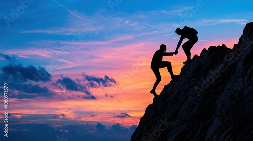 Silhouettes of two people climbing a mountain and helping each other, symbolizing support and teamwork.