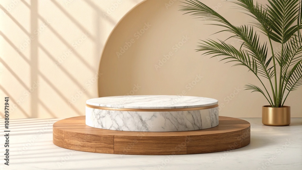 Minimalist marble and wood podium on the cream background, 3d rendering, 3d illustration
Minimalist marble and wood podium on the cream background, 3d rendering, 3d illustration