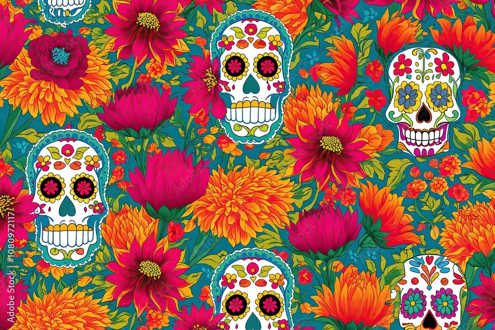 Colorful Dia de los Muertos Wallpaper Design with Bright Chrysanthemums and Cheerful Sugar Skulls Colorful Dia de los Muertos Wallpaper Design with Bright Chrysanthemums and Cheerful Sugar Skulls