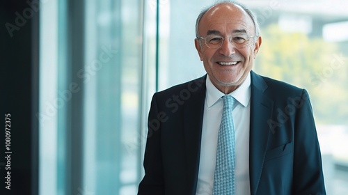 Professional businessman in a formal suit smiling confidently in an office environment, showcasing success and approachability for corporate imagery.