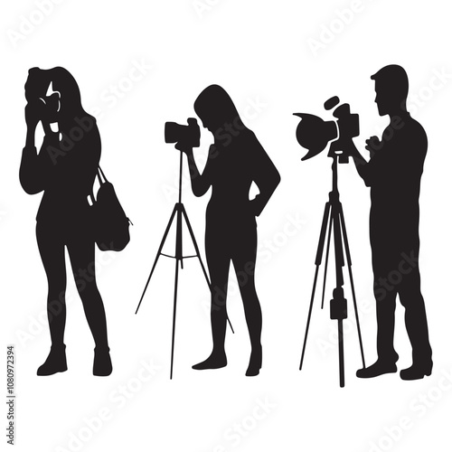 Silhouettes of diverse casual business people standing, walking, men, women full length. Business concept. Black monochrome Vector illustrations isolated on white background.