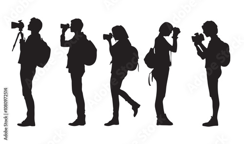 Silhouettes of diverse casual business people standing, walking, men, women full length. Business concept. Black monochrome Vector illustrations isolated on white background.