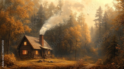 A cozy cabin nestled in the woods, smoke rising from the chimney, evoking warmth and tranquility.